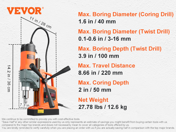 VEVOR magnetic drill with measurements, drill specifications, adapters, and accessories displayed.