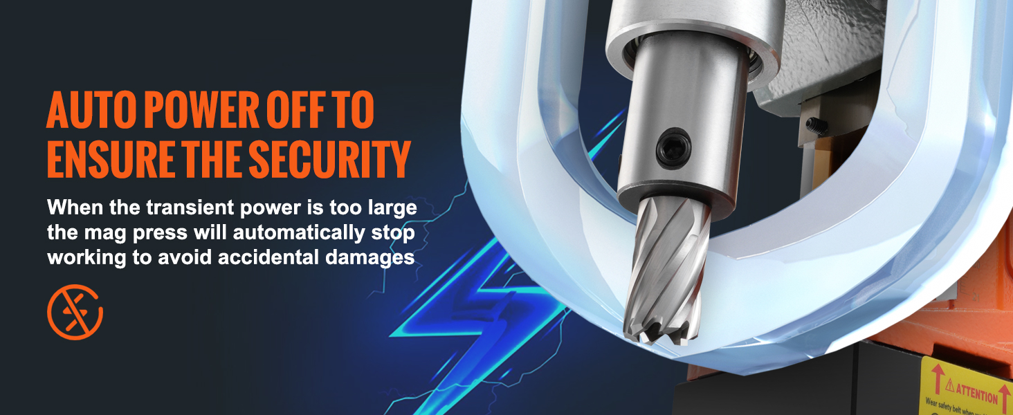 automatinio išsijungimo funkcija VEVOR magnetinio gręžimo užtikrina saugumą per didelė ir impulsinių maitinimo situacijose.