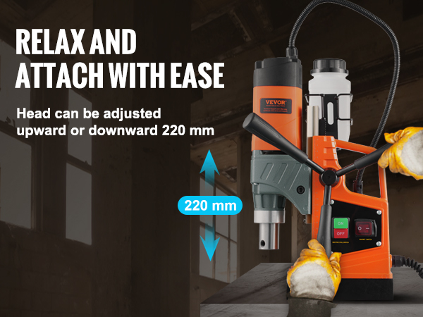 VEVOR magnetinis grąžtas su reguliuojamu galvos, papildoma rankena, non-slip gumos, ir smūgio absorbcijos.