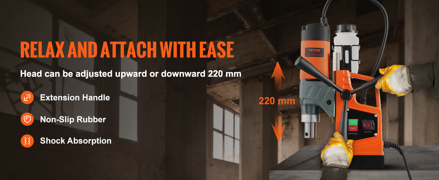 VEVOR magnetinis grąžtas su reguliuojamu galvos, papildoma rankena, non-slip gumos, ir smūgio absorbcijos.