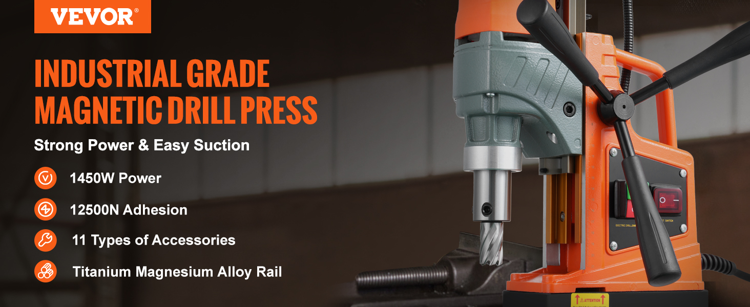 VEVOR magnetic drill press with 1450w power, 12500n adhesion, and 11 accessories. industrial grade.