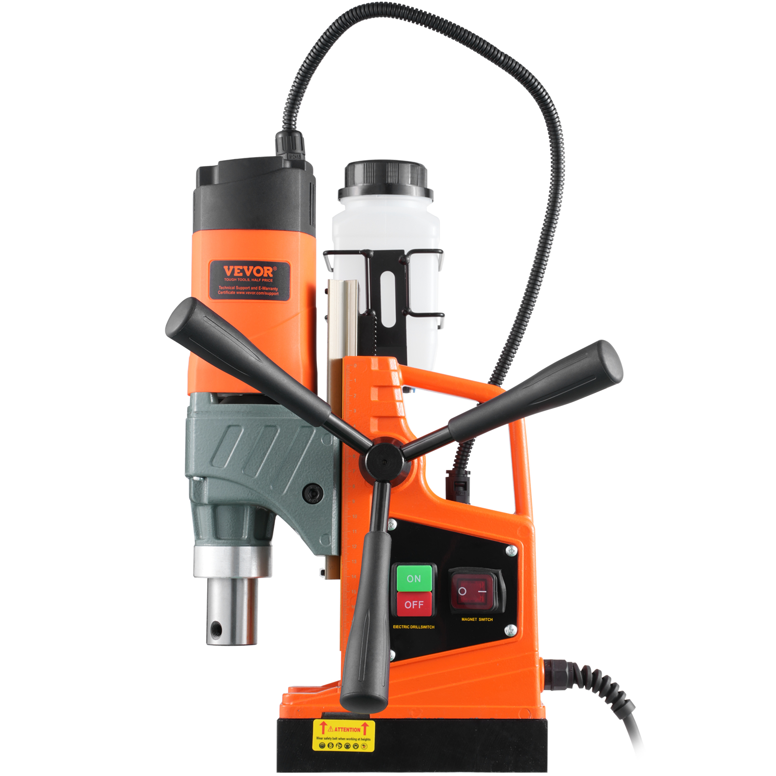VEVOR magnetic drill with dual handles, on/off buttons, and coolant system. bright orange and gray design.