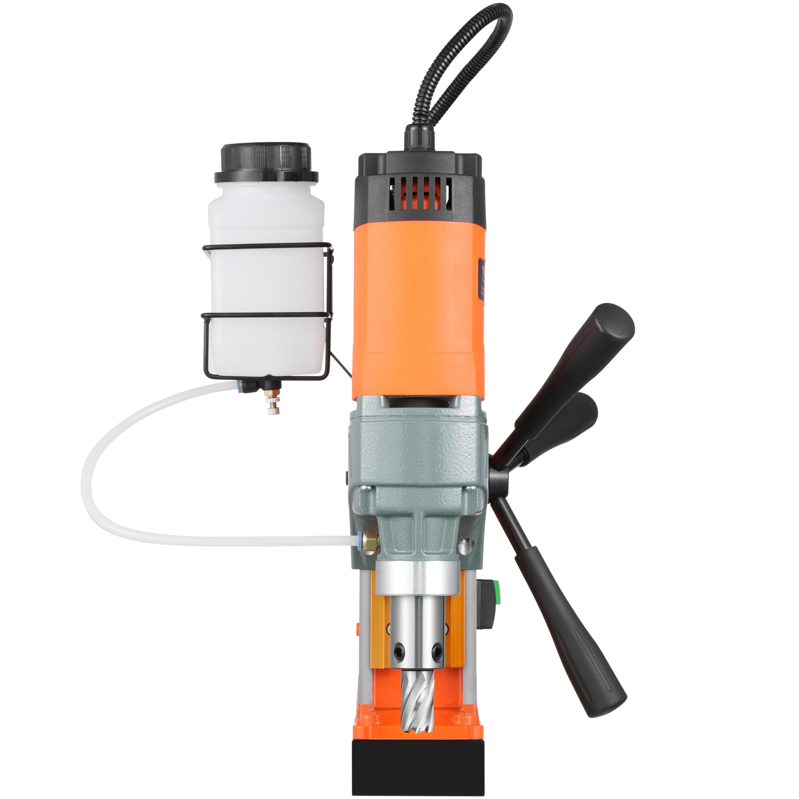 VEVOR magnetic drill with orange body, attached coolant container, and dual side handles.