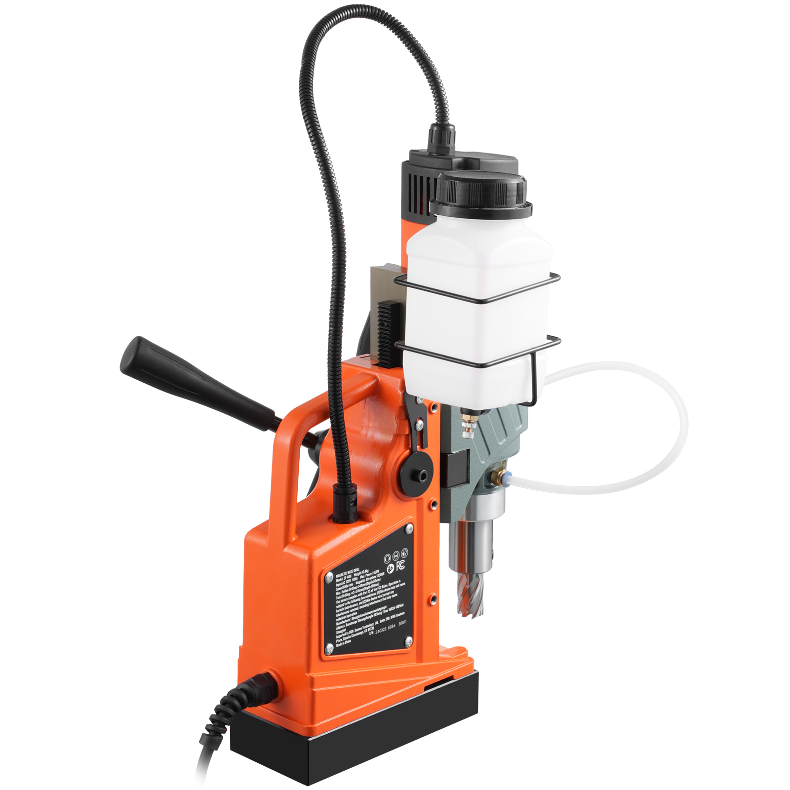 orange VEVOR magnetic drill with water tank and flexible power cable.