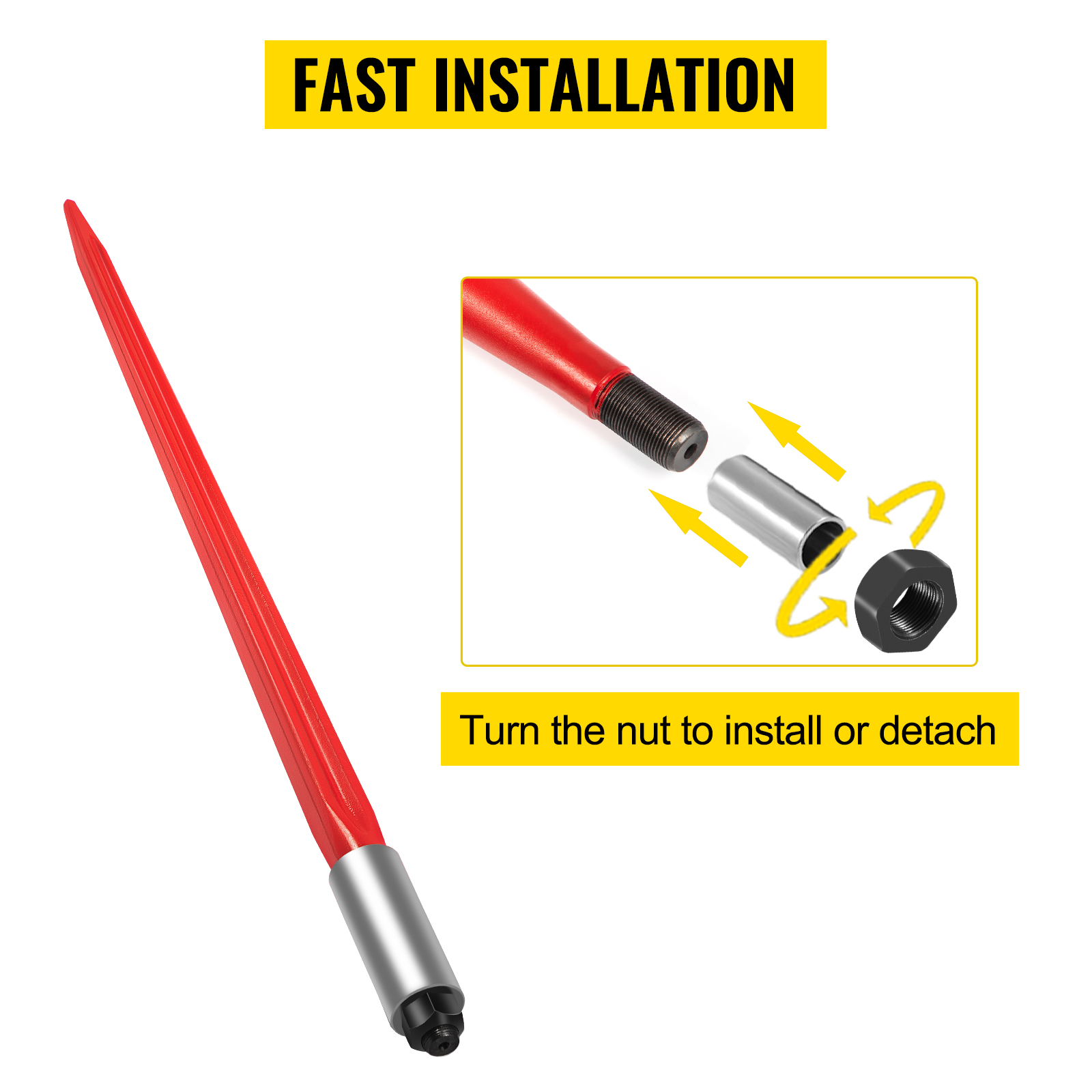 VEVOR hay spear with fast installation and easy nut attachment.