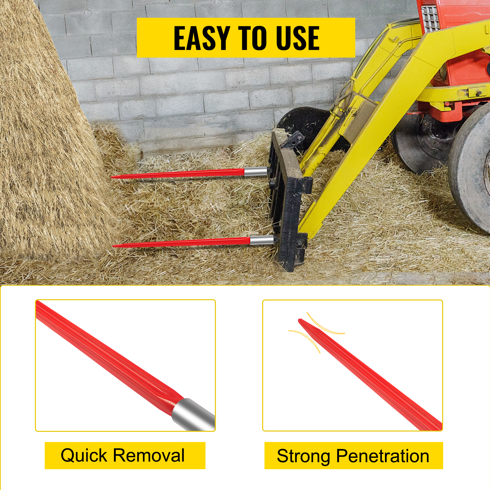 VEVOR hay spear in yellow tractor for easy hay handling, quick removal, and strong penetration.
