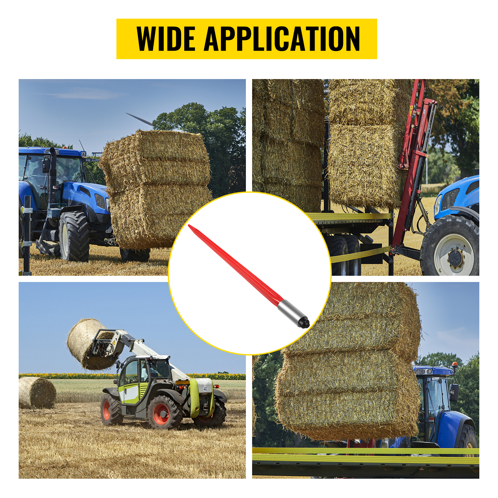 tractors and loaders moving hay bales with VEVOR hay spear in the field. wide application.