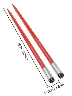 red VEVOR hay spear, 48 inches long, 1.75 inches in diameter, with steel tips.