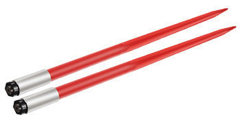 red VEVOR hay spear with black tips designed for heavy-duty lifting.