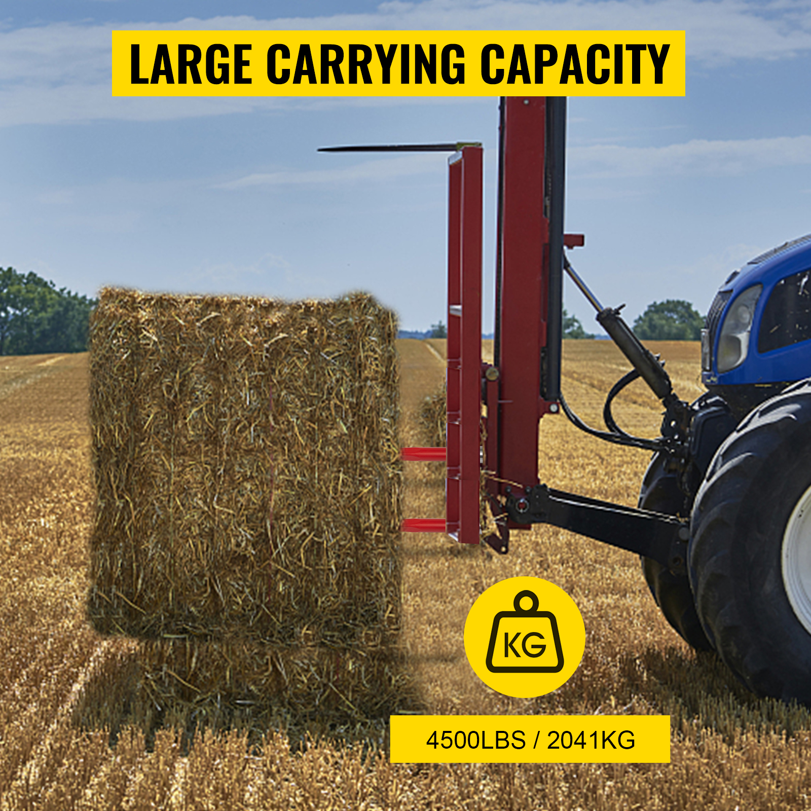 VEVOR hay spear lifting a hay bale with large carrying capacity label of 4500lbs/2041kg.