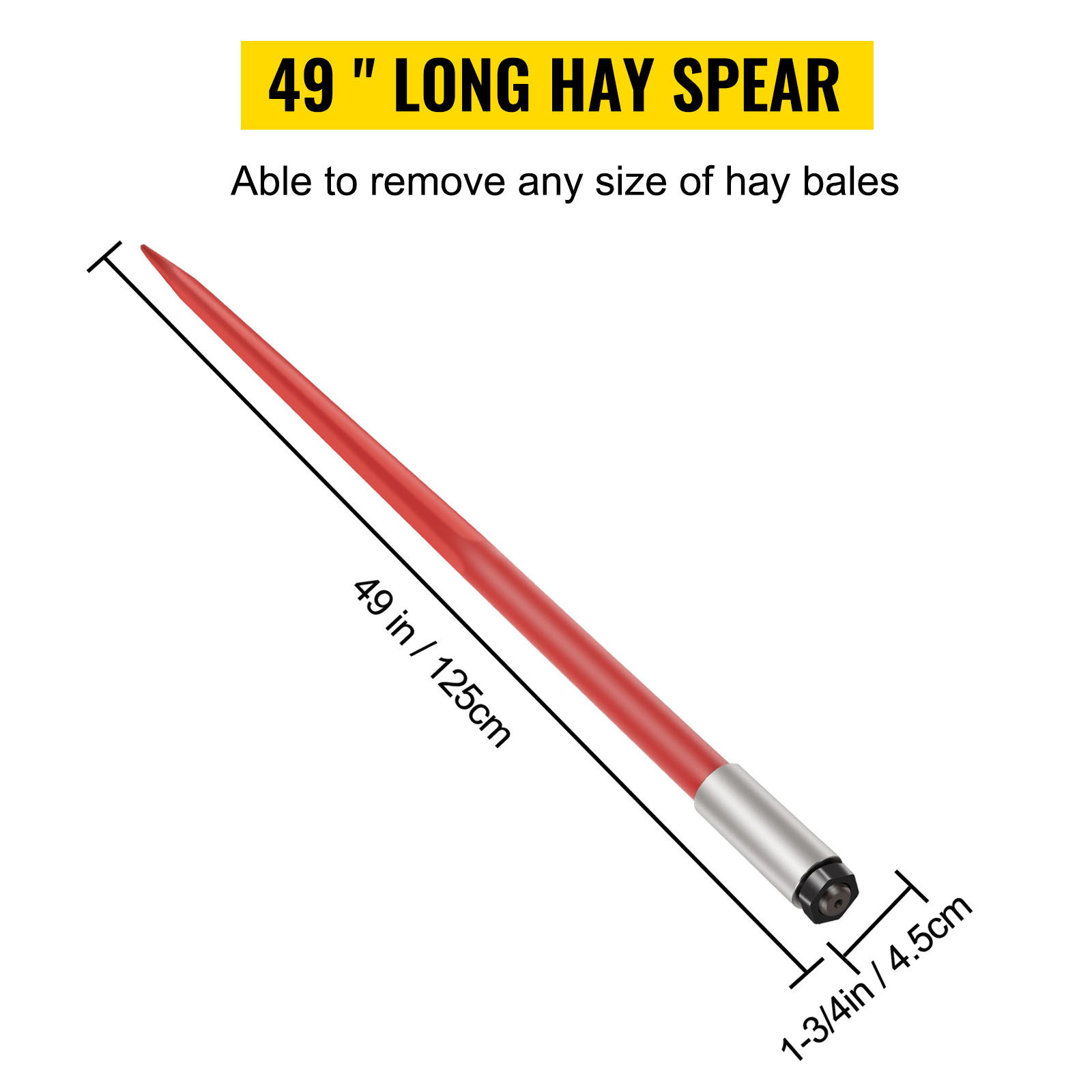 49" VEVOR hay spear, able to remove any size of hay bales, red, 49in/125cm.