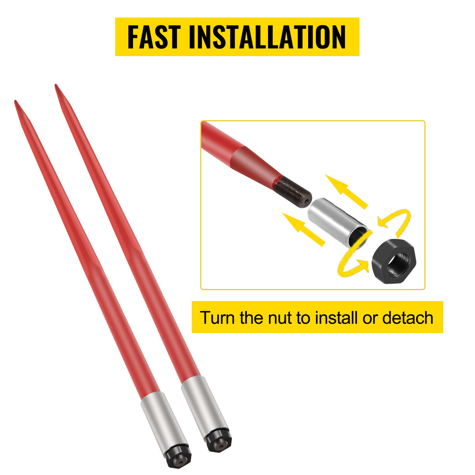 VEVOR hay spear features fast installation with easy nut attachment.