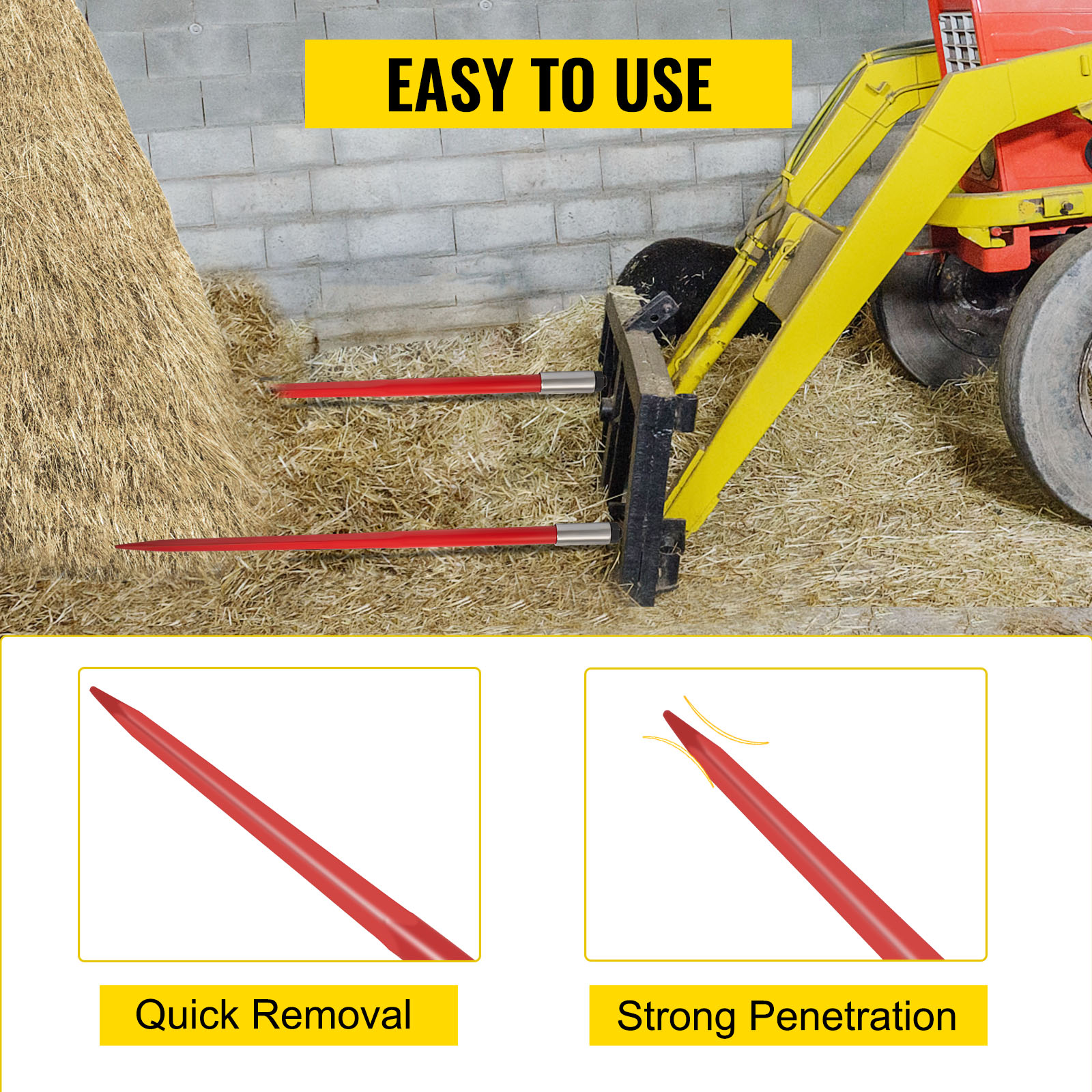 VEVOR hay spear attached to a tractor bale handler with red spears in straw.