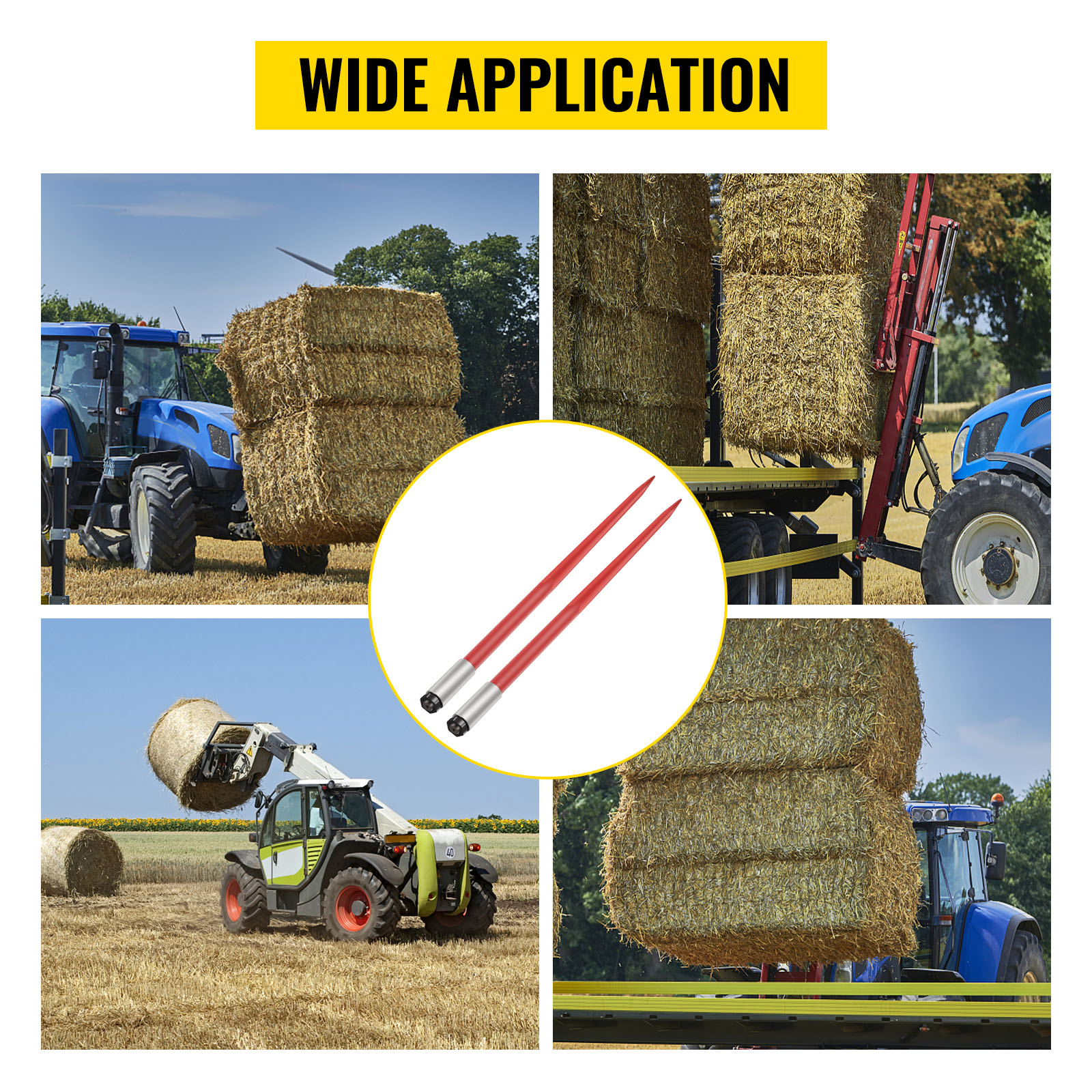 wide application of VEVOR hay spear for lifting hay bales with tractors.