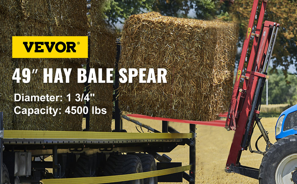 VEVOR hay spear lifting hay bale with tractor, 49" diameter, 4500 lbs capacity