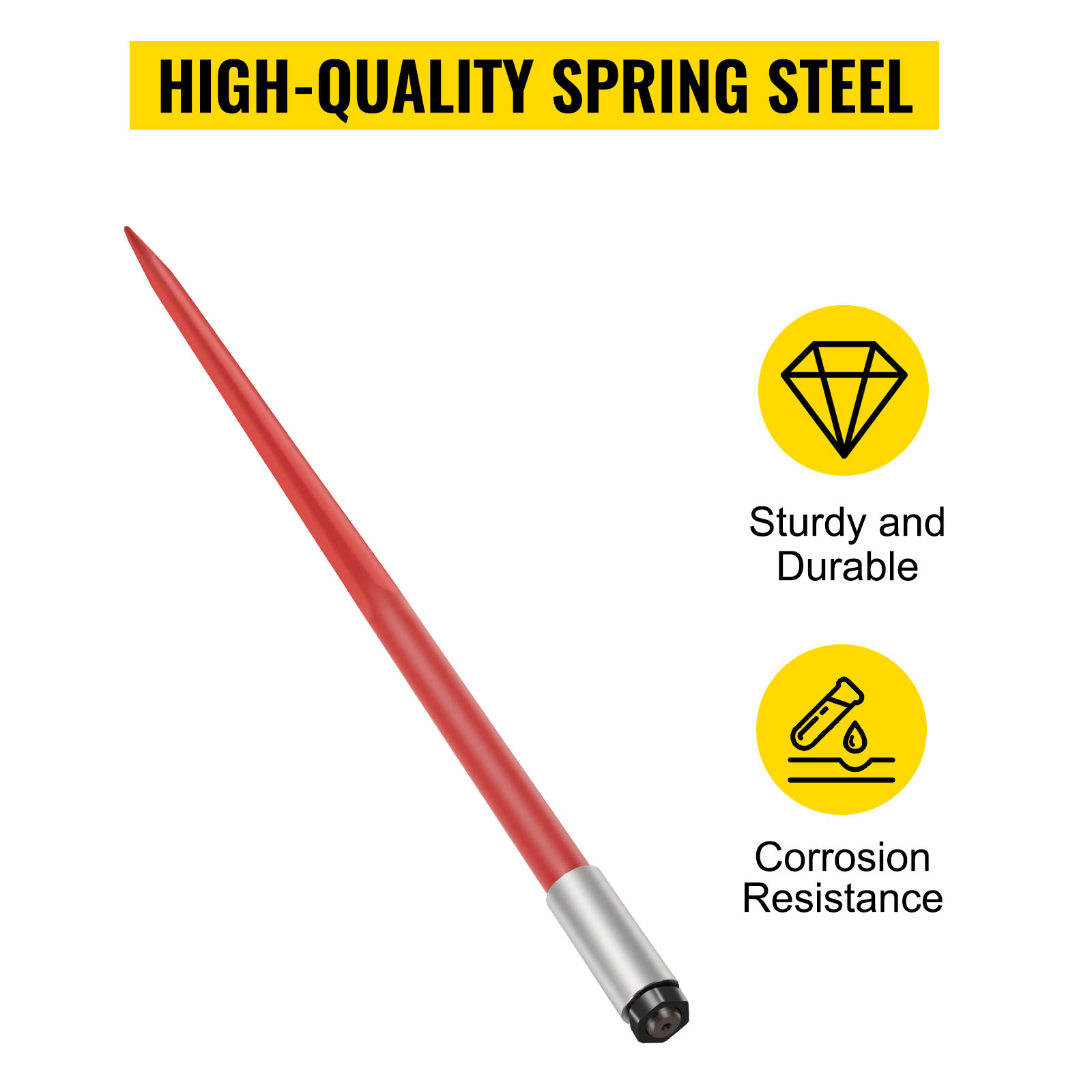 VEVOR hay spear: high-quality spring steel, sturdy, durable, and corrosion resistant.