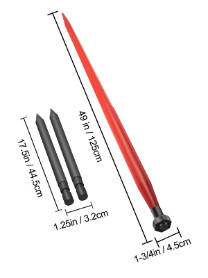 VEVOR hay spear set with measurements: 49in, 17.5in, and 1.25in spears.