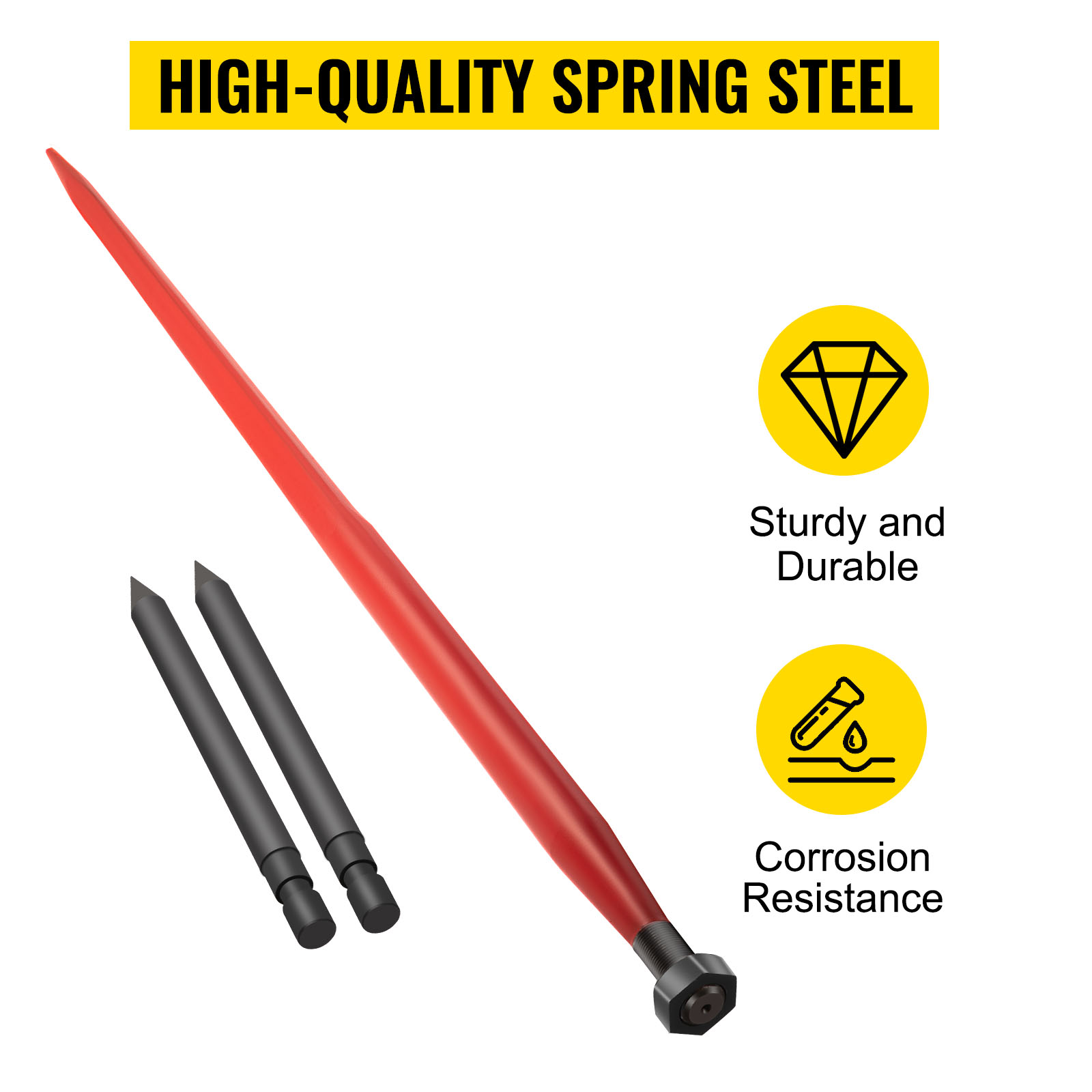 VEVOR hay spear, high-quality spring steel, sturdy, durable, corrosion-resistant.