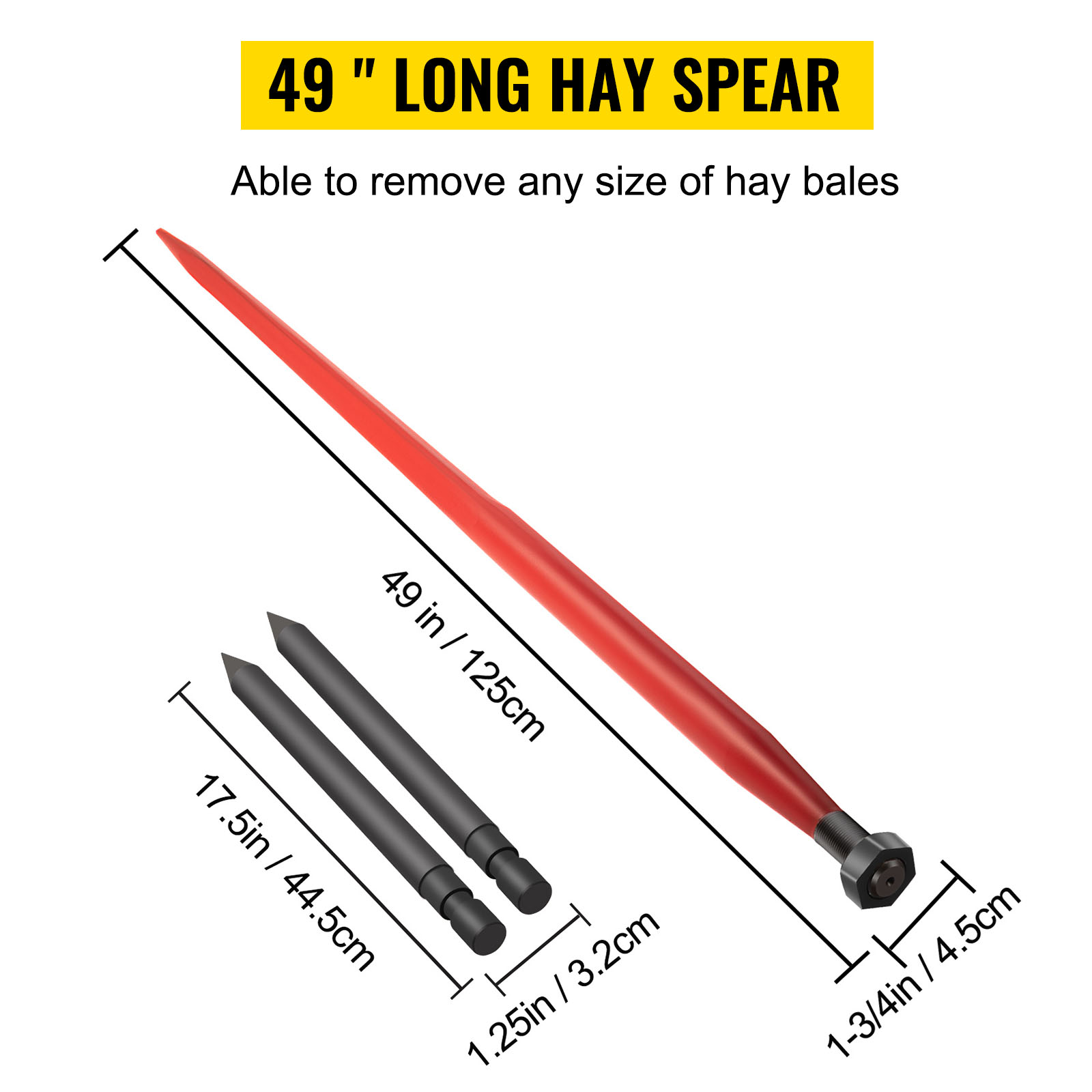 VEVOR hay spear, 49-inch length, capable of removing any size of hay bales.