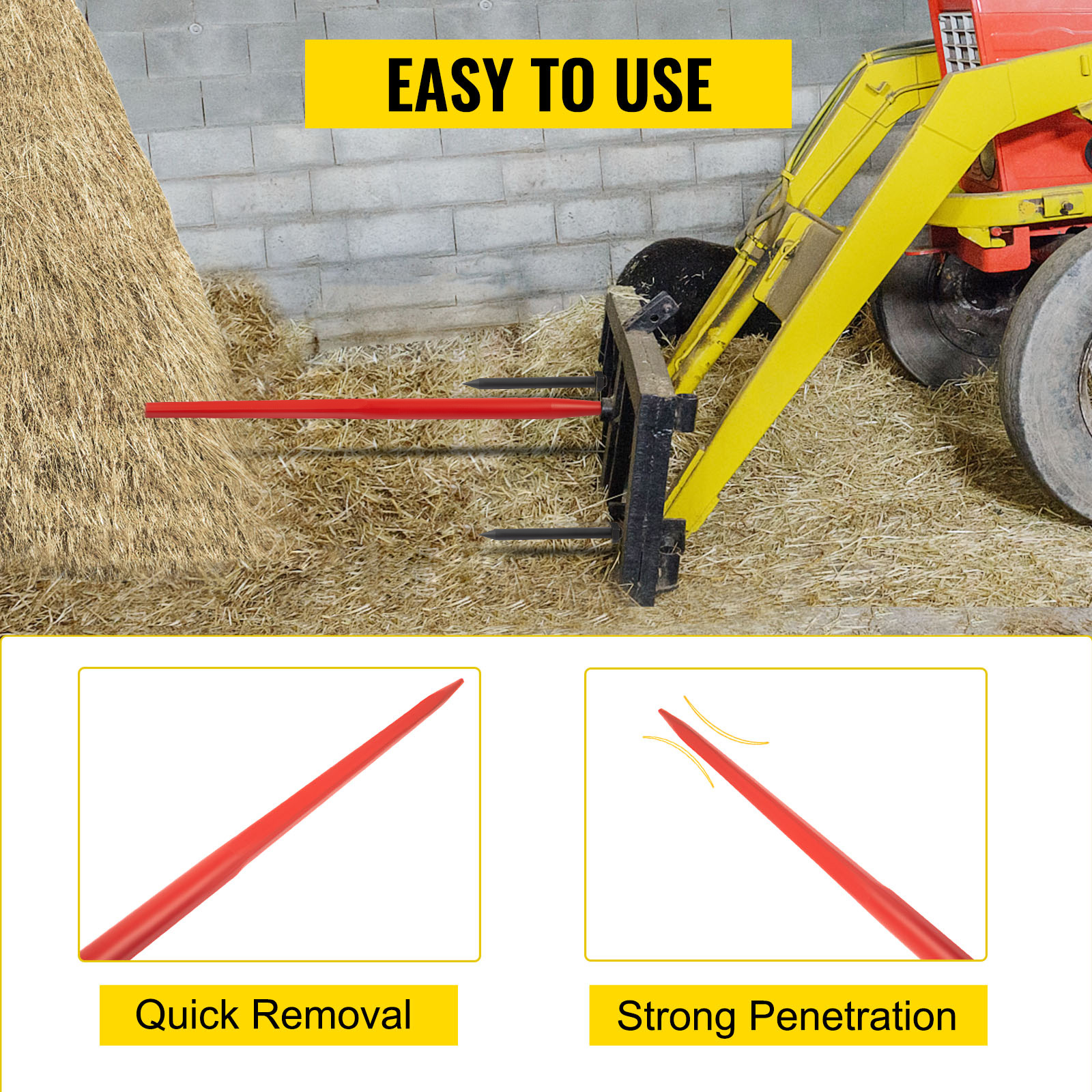 VEVOR hay spear attached to tractor for easy removal and strong penetration of hay bales.