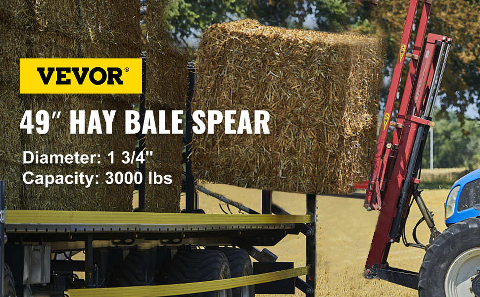 VEVOR hay spear lifting hay bale with tractor, 49" length, 3000 lbs capacity.