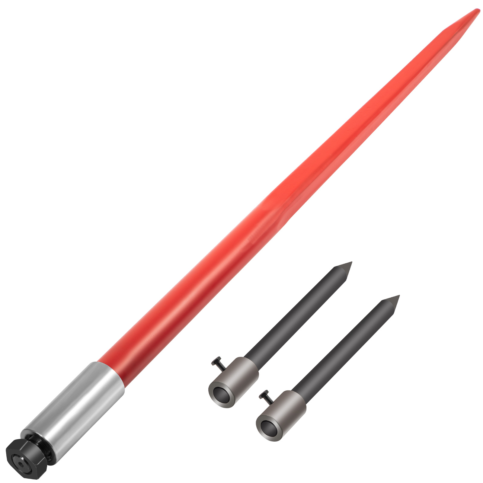 red VEVOR hay spear with two black stabilizer spears and attachment fittings.