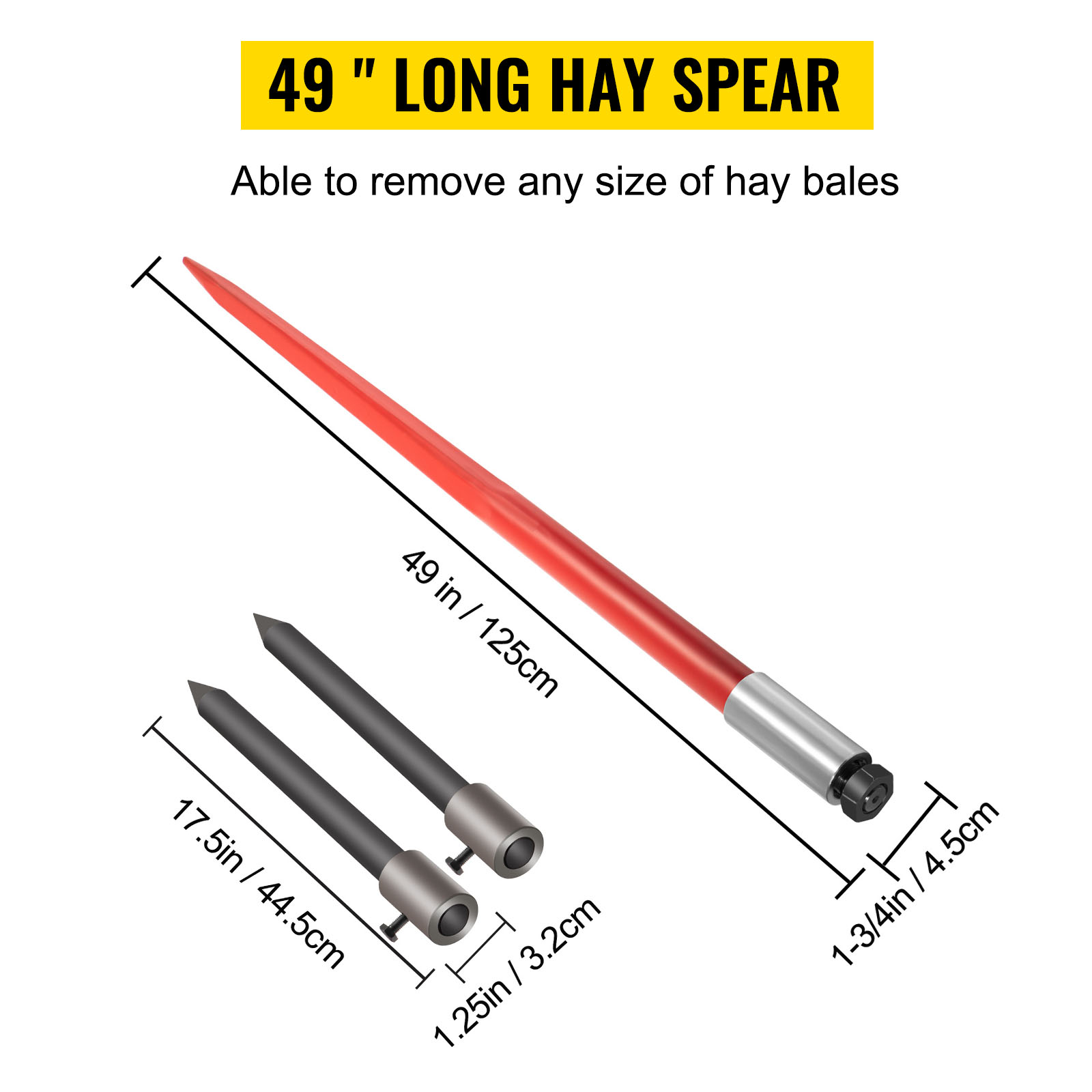 49" VEVOR hay spear with measurements for removing any size of hay bales.