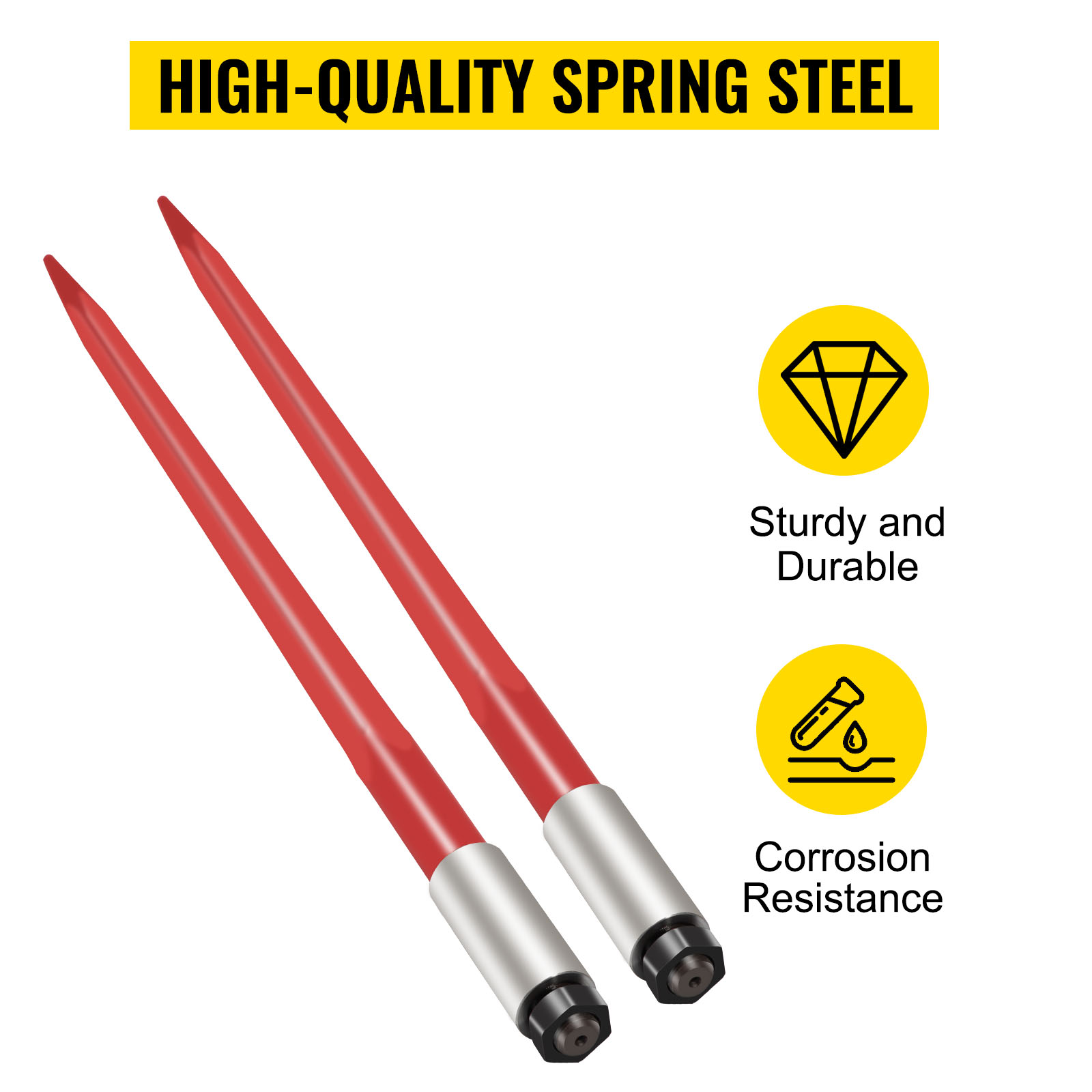 two red VEVOR hay spear tines made of high-quality spring steel.
