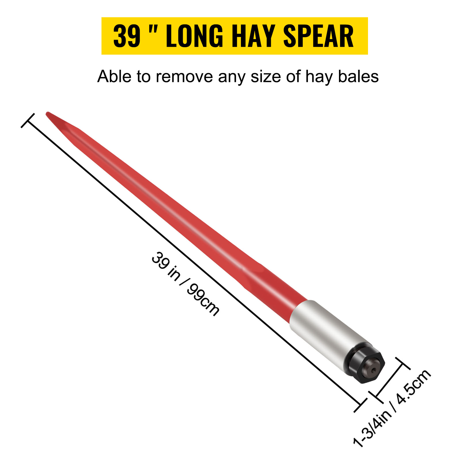 39" VEVOR hay spear for removing large hay bales, 39 in/99 cm long, 1.75 in/4.5 cm wide