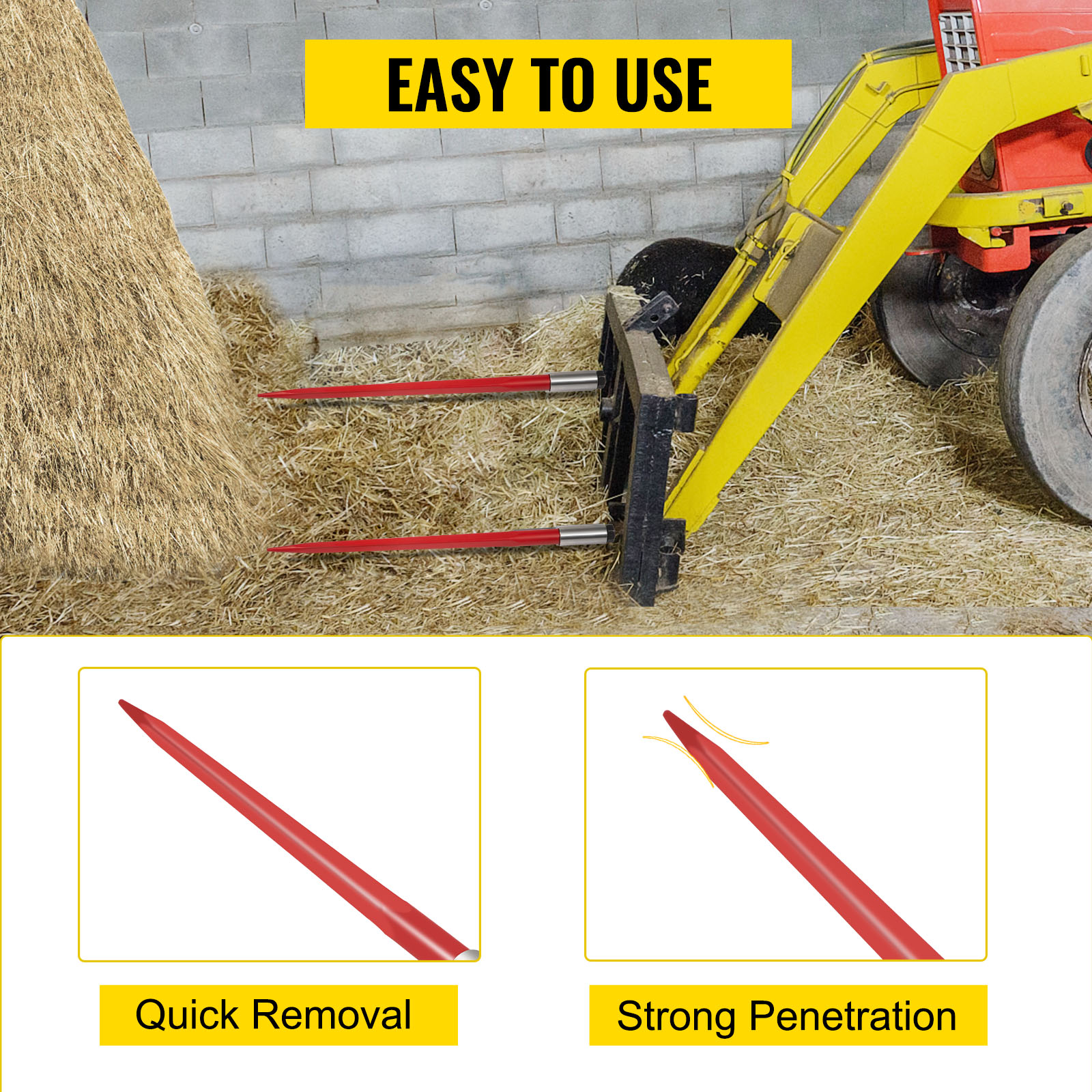 VEVOR hay spear attached to a tractor, emphasizing quick removal and strong penetration.