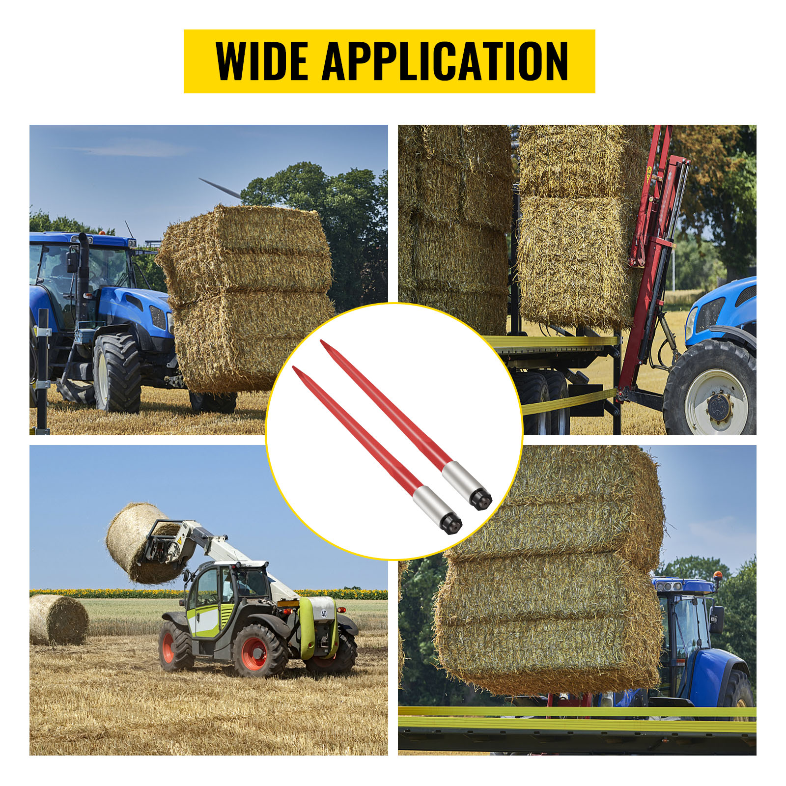 VEVOR hay spear in action, lifting and transporting hay bales in a field.