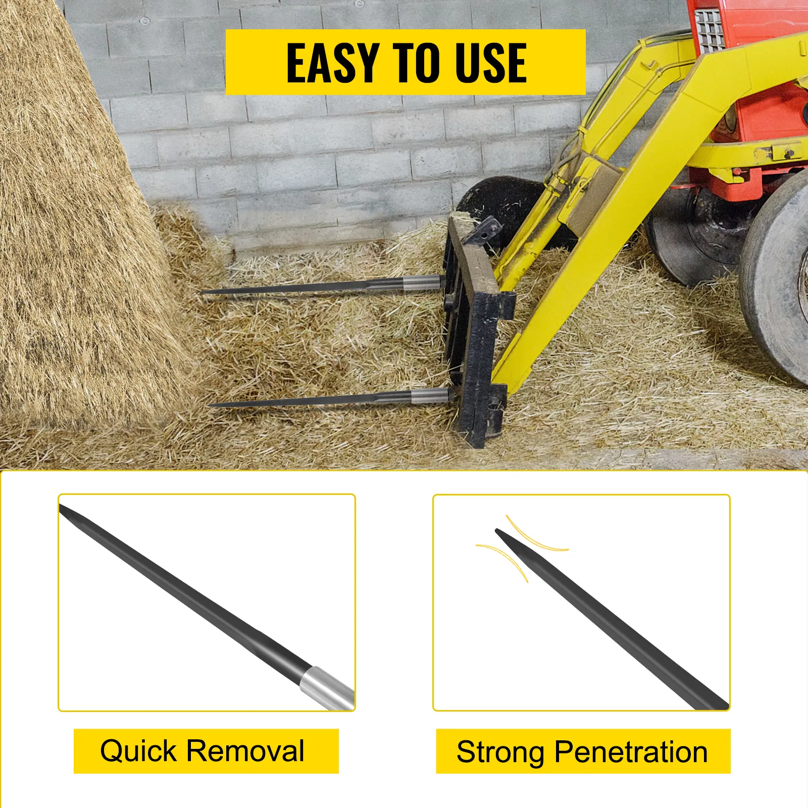 tractor using VEVOR hay spear to move hay, showcasing quick removal and strong penetration.
