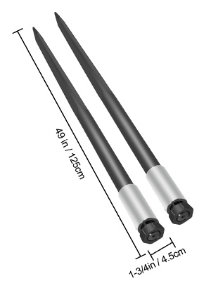 VEVOR hay bale spear, 49in length, 1-3/4in diameter, two spears on white background.