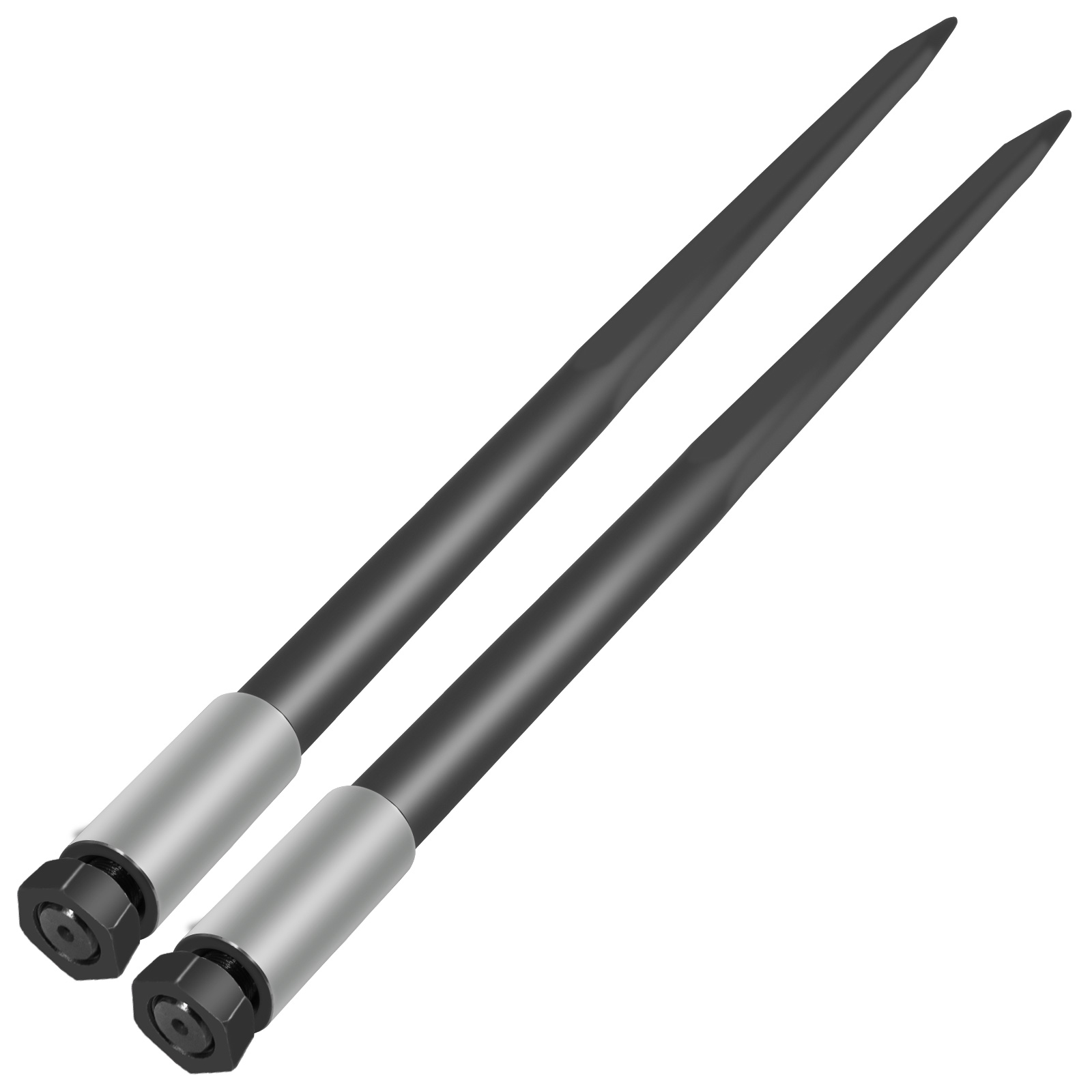 two black and silver VEVOR hay bale spears with pointed tips on a white background