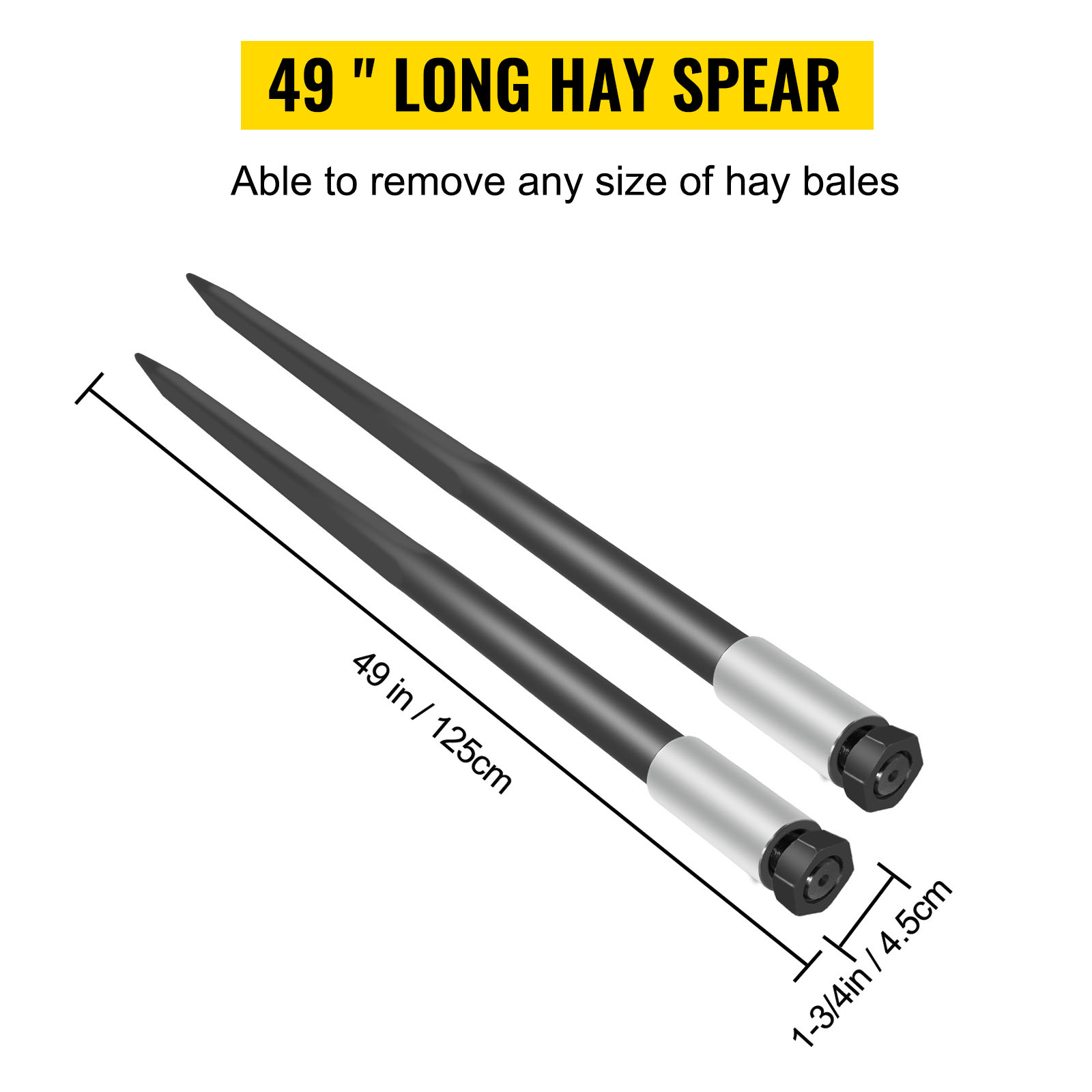 49" VEVOR hay bale spear with dimensions and black pointed tips.