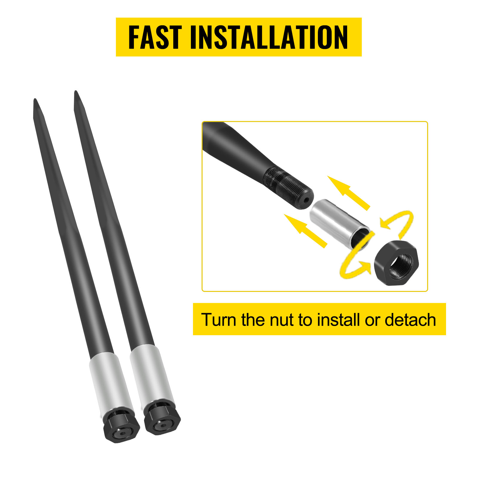 VEVOR hay bale spear installation with easy-to-use nut attachment.