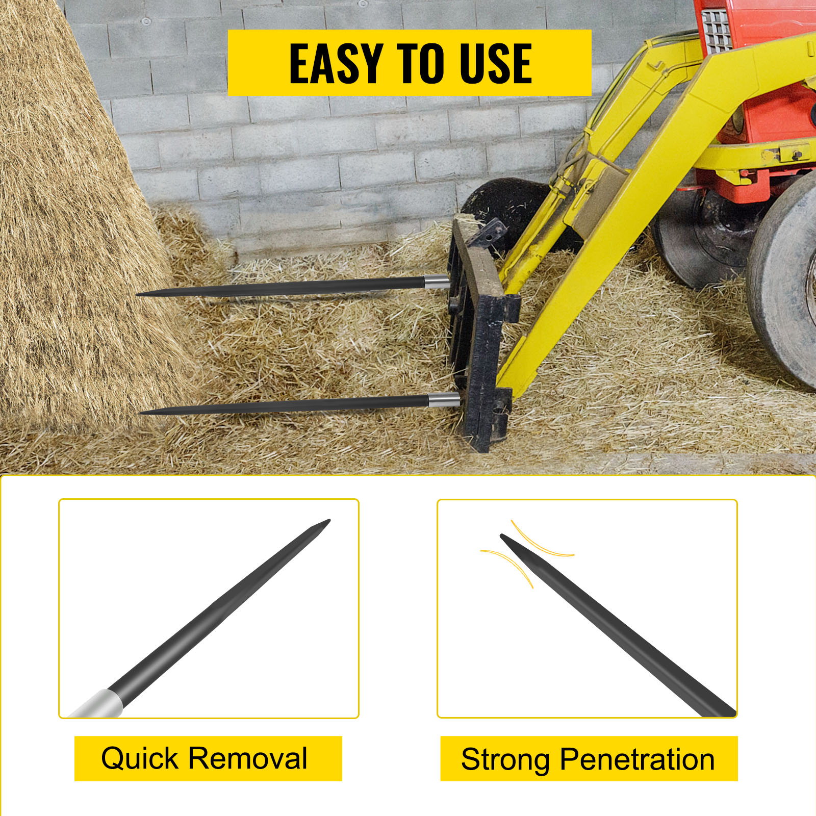 VEVOR hay bale spear mounted on a tractor for easy handling and quick removal of hay.