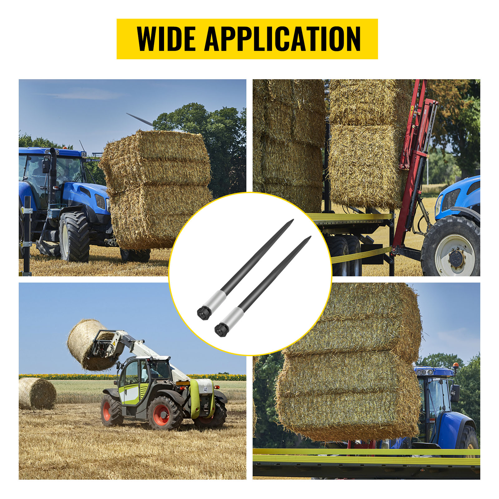 tractors using VEVOR hay bale spear to handle and transport large hay bales.