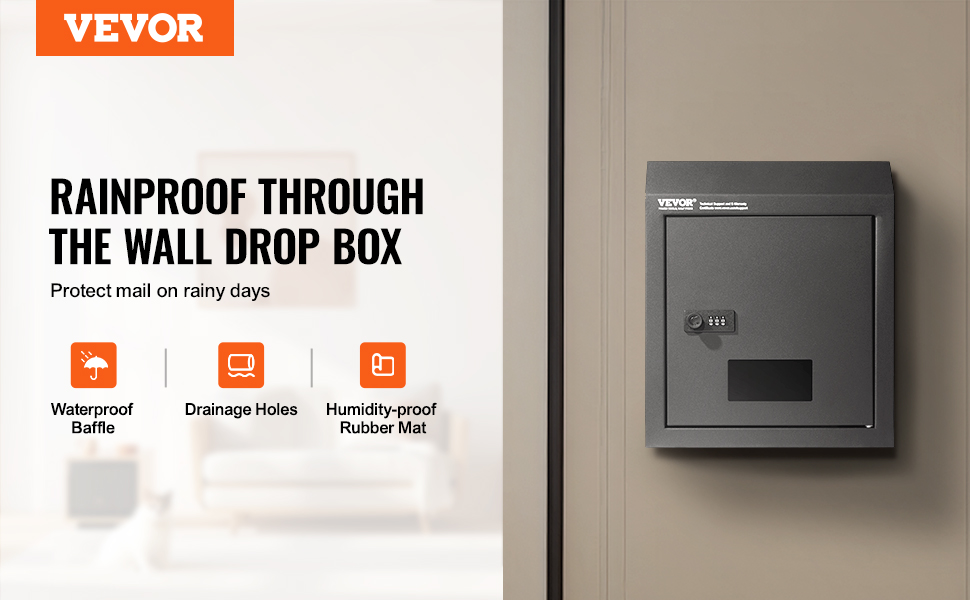 VEVOR door key drop box on a wall with waterproof baffle, drainage holes, and humidity-proof rubber mat.