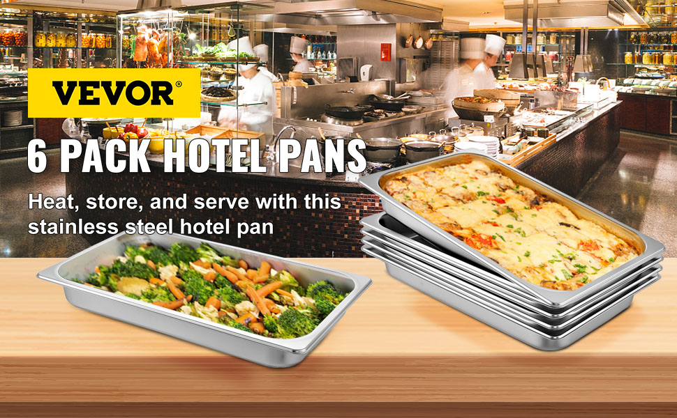 VEVOR steam table pans in a restaurant kitchen, showing 6-pack stainless steel hotel pans.