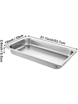 VEVOR steam table pan with dimensions 21.1x13x2.5 inches in stainless steel.