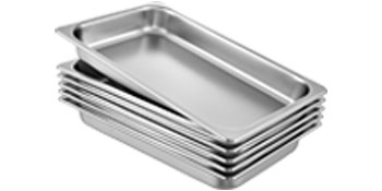 stacked stainless steel VEVOR steam table pans.
