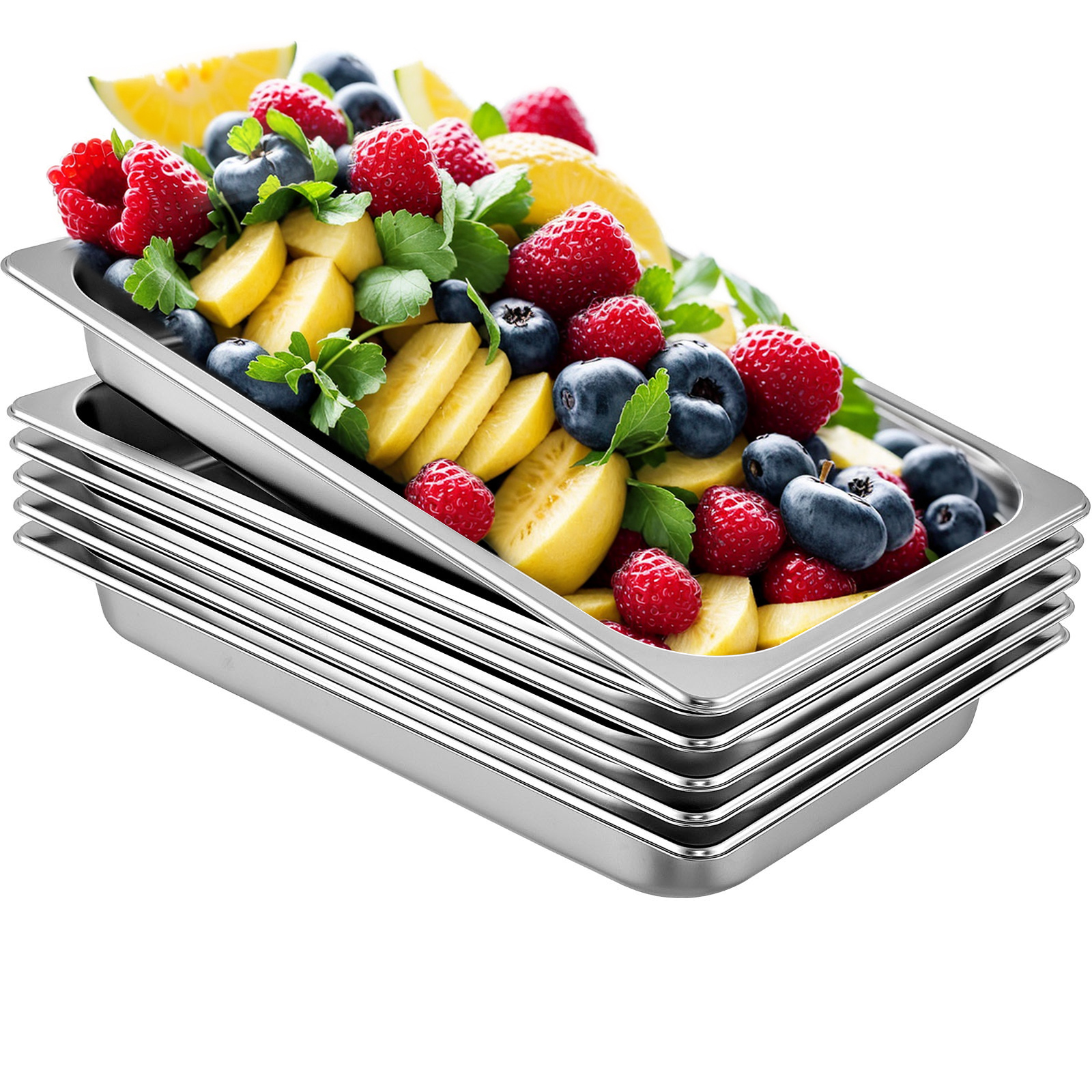 stacked VEVOR steam table pans filled with assorted fresh fruits