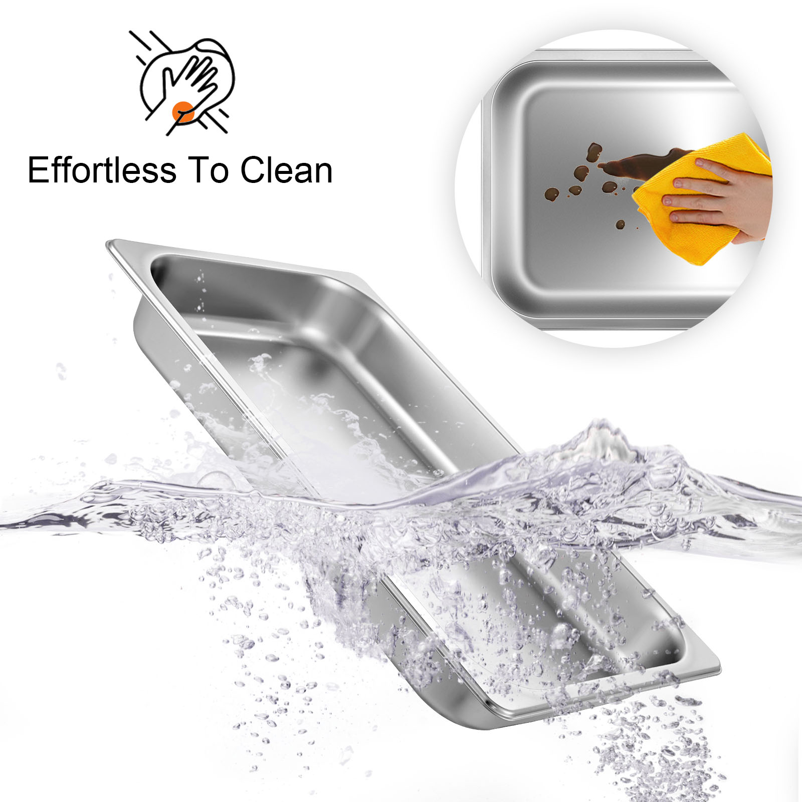 VEVOR steam table pans with easy cleaning, running water, and wiping action icons.