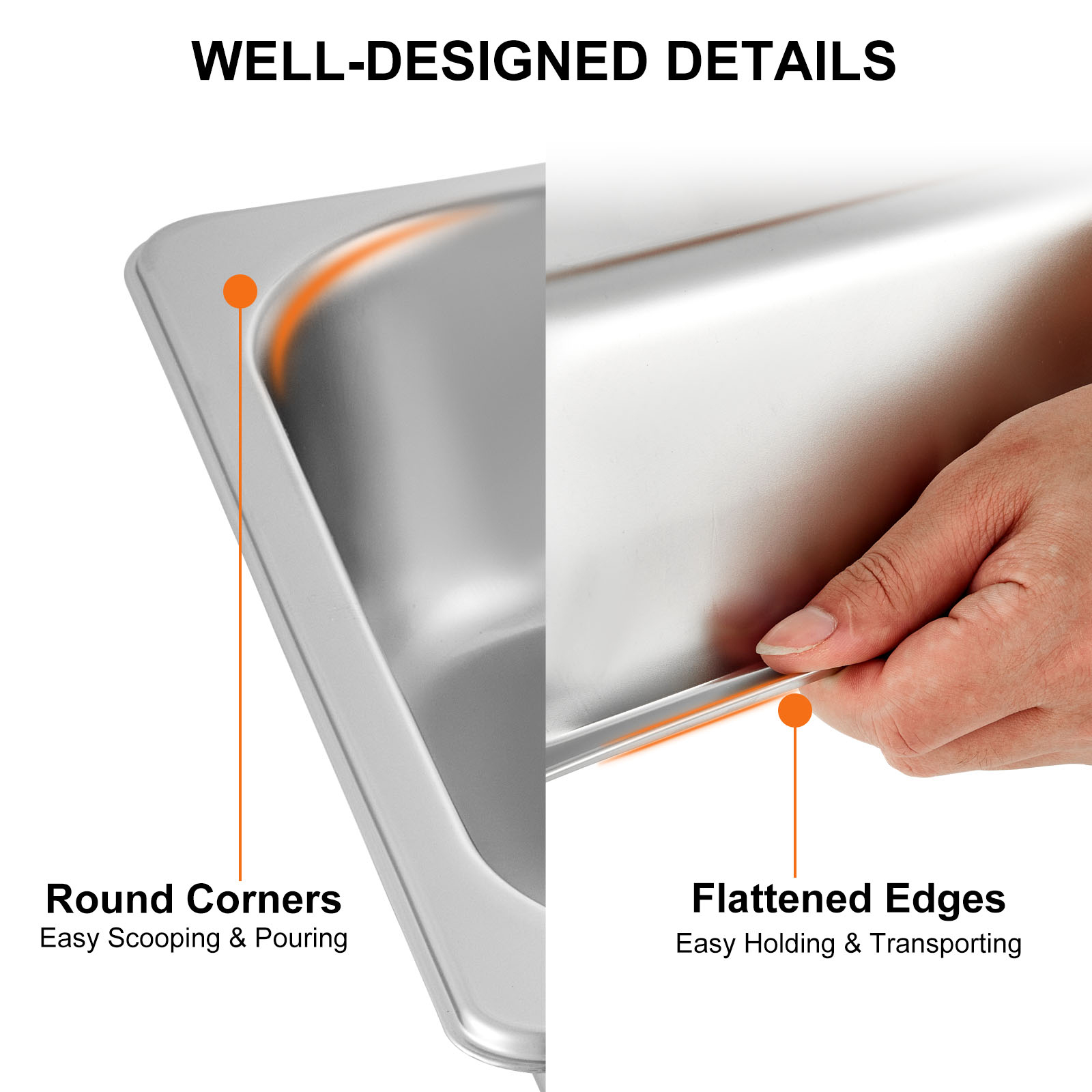 VEVOR steam table pans with round corners and flattened edges for easy use.