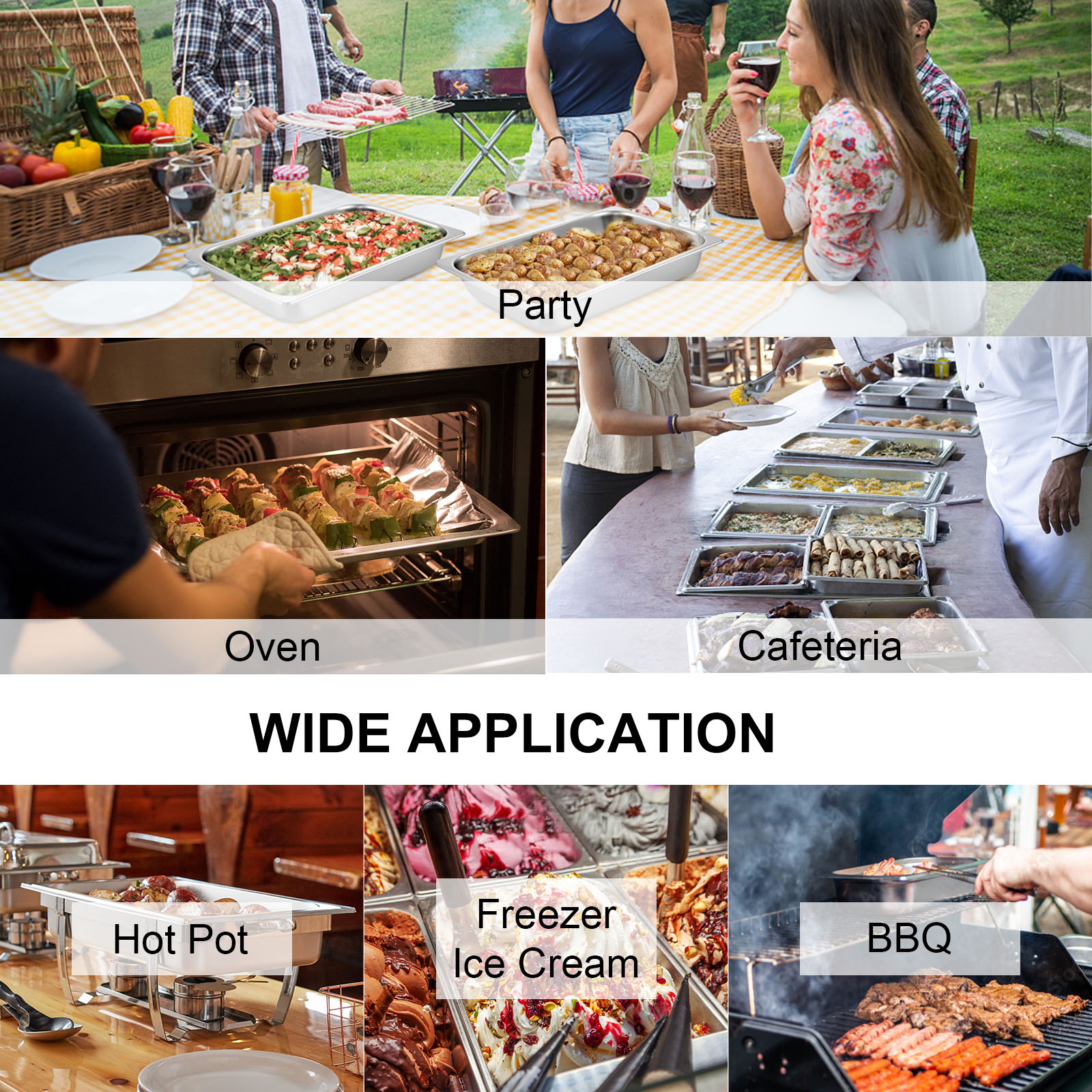 party, oven, cafeteria, hot pot, freezer ice cream, bbq applications for VEVOR steam table pans.