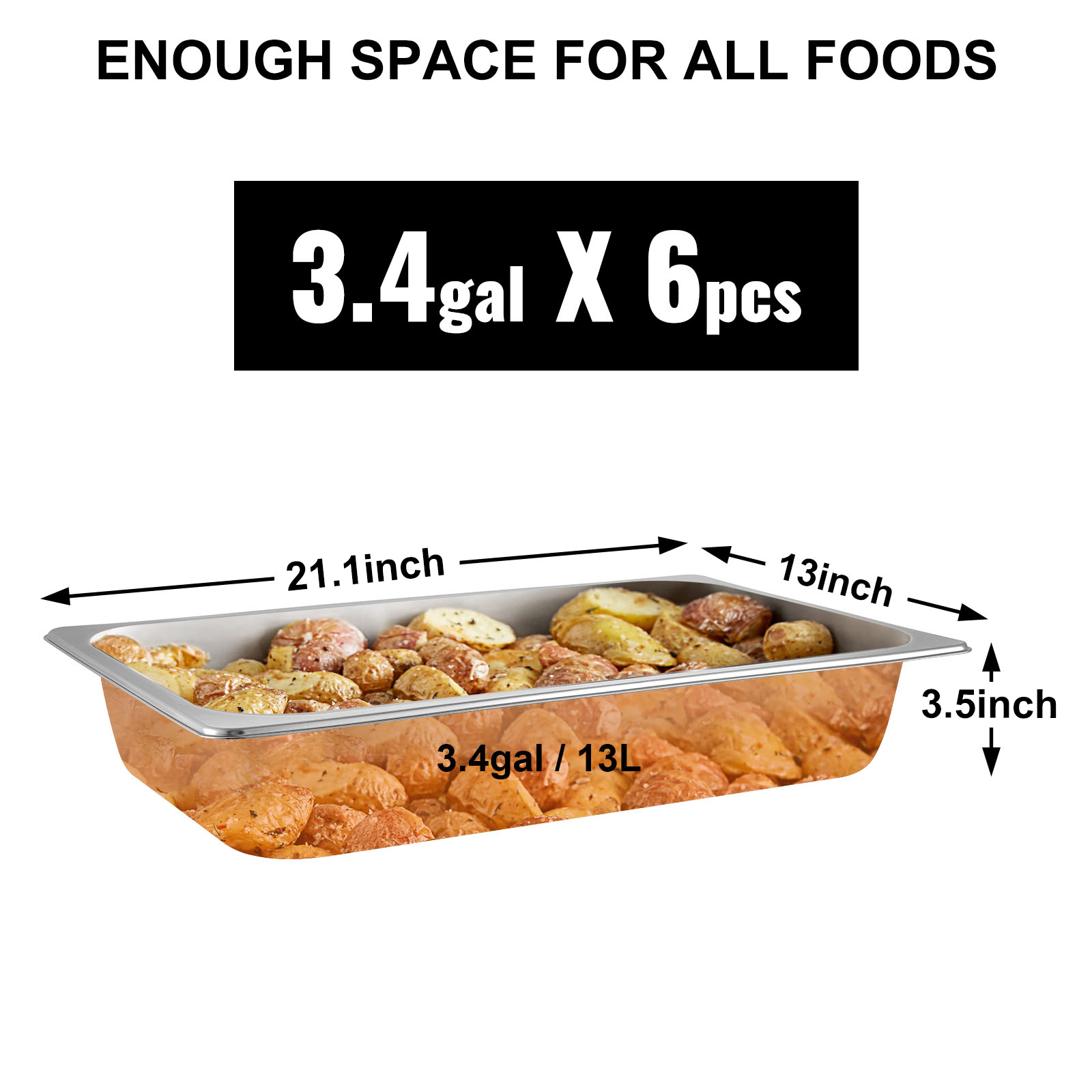 VEVOR tvaika galda pannas, 3,4 gal tilpums, 21,1x13x3,5 collas, 6 pārtikas produktiem piepildītas.