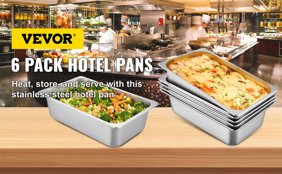 VEVOR steam table pans in a professional kitchen, filled with vegetables and lasagna.