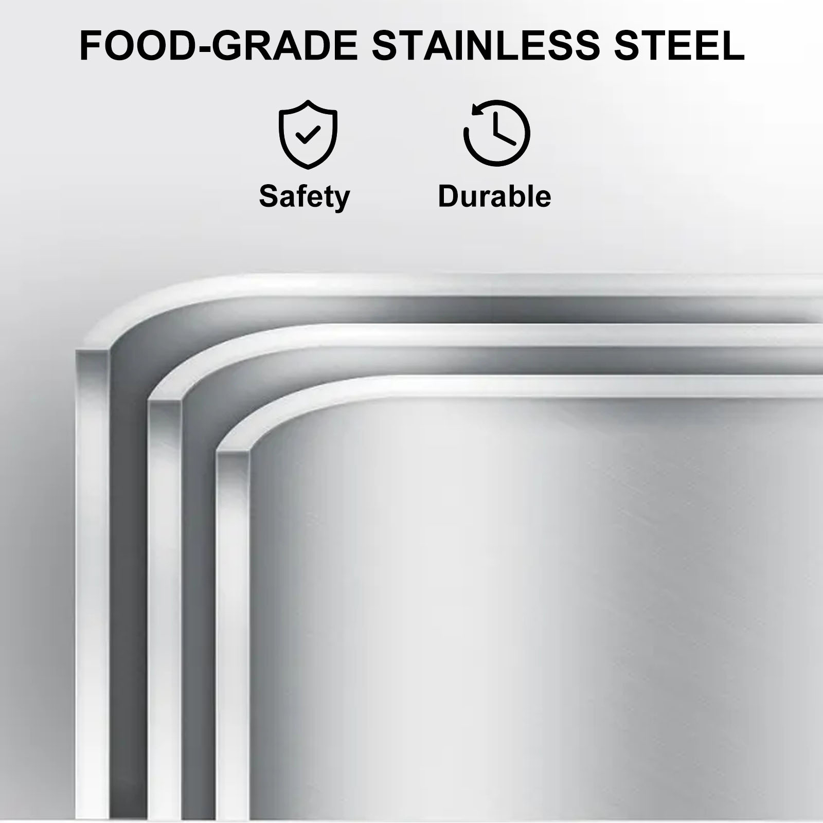VEVOR steam table pans in food-grade stainless steel, highlighting safety and durability.