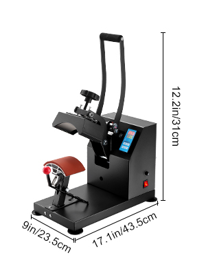 VEVOR heat press for hats with adjustable handle and digital display, dimensions shown.